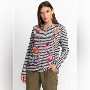 Johnny Was SANDRA SPLIT Heavy Embroidered Long Sleeve  Tee S